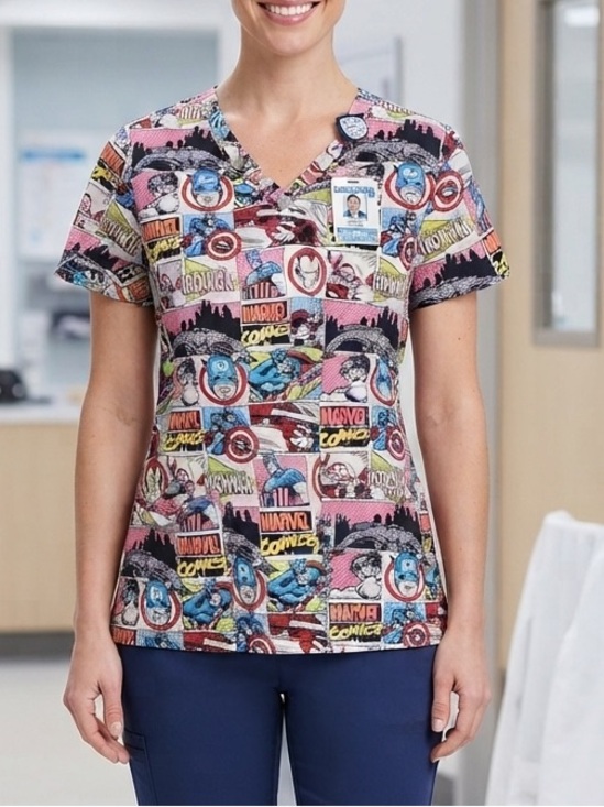 Marvel Tops - Marvel Scrub Top - Comic-Print V-Neck Medical Scrub Top
